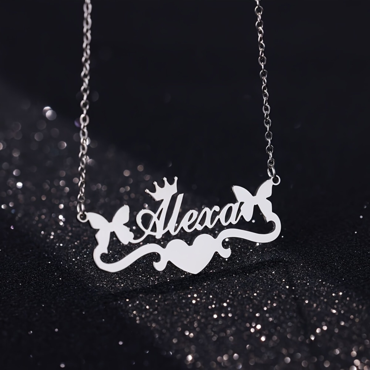 Custom Butterfly Crown Heart Name Pendant Necklace — Personalized Gift